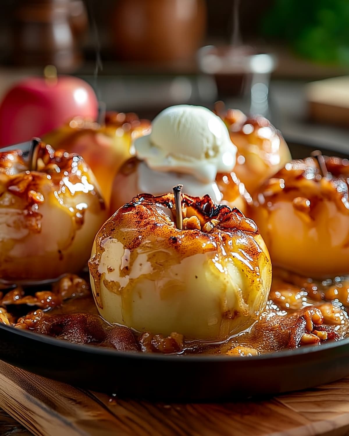 Pommes au four au Air Fryer garnies de noix caramélisées.