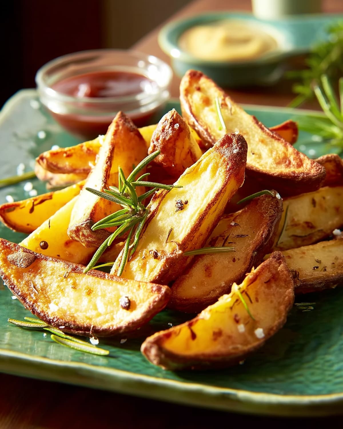 Assiette de pommes de terre sautées au Air Fryer, bien dorées, avec branches de romarin, grains de poivre et sel, servies avec sauces.