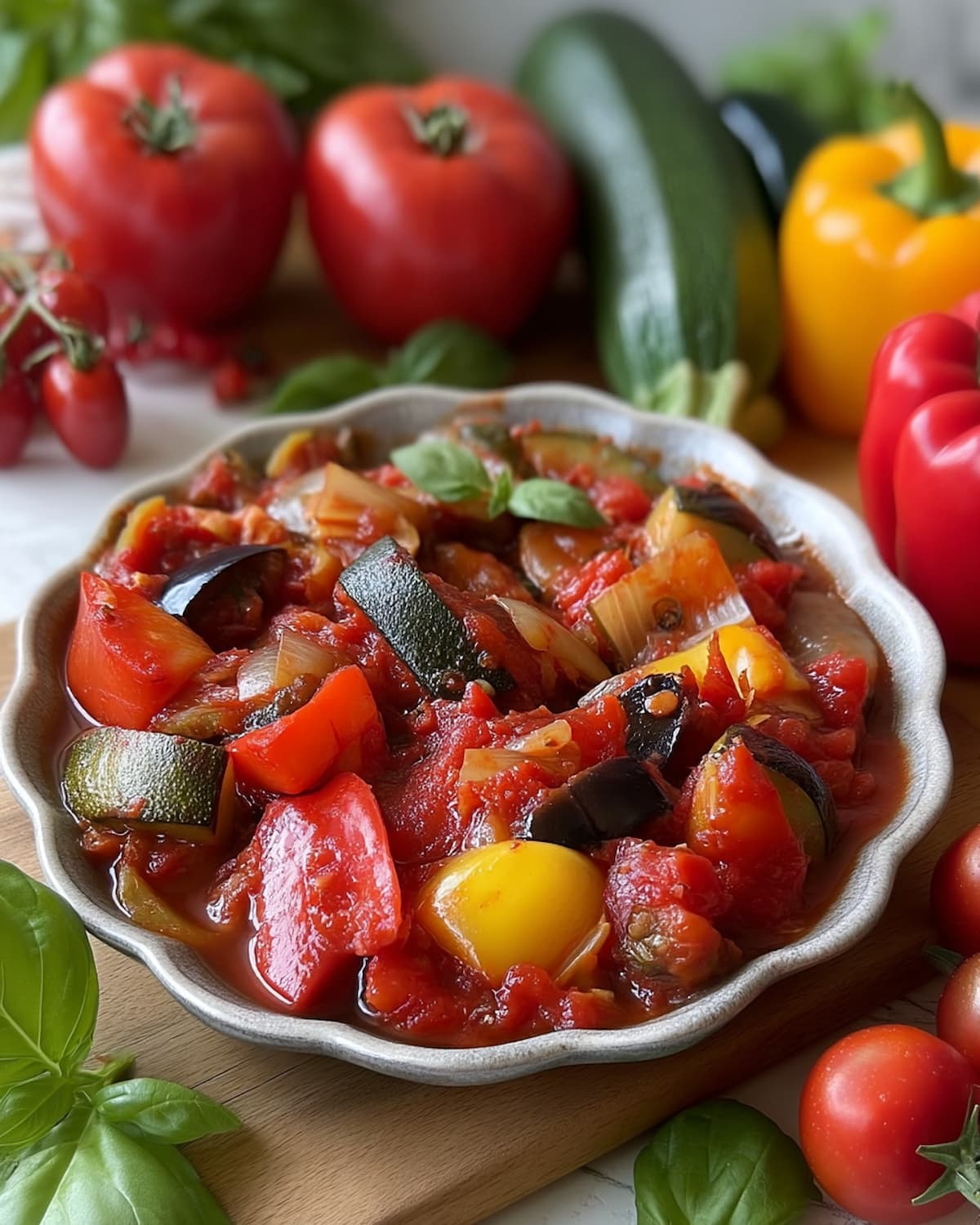 Assiette de ratatouille au Air Fryer avec courgettes, poivrons, aubergines et tomates.