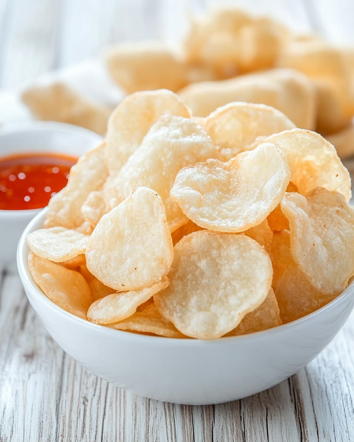 Bol de chips de crevettes au Air Fryer. Texture légère et croustillante.
