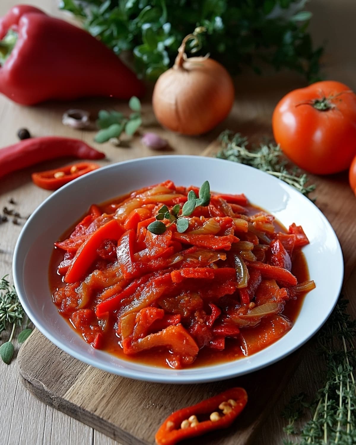 Assiette de piperade au Air Fryer, riche en poivrons rouges et oignons fondants dans une sauce tomate.