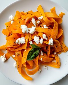 Assiette de tagliatelles de carottes au Air Fryer.