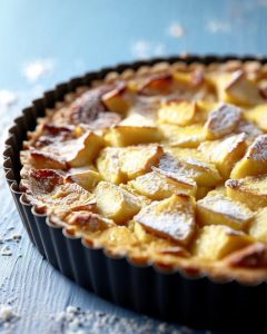 Tarte normande au Air Fryer, garnie de pommes dorées et saupoudrée de sucre glace.