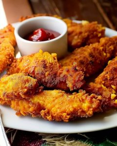 Assiette garnie de tenders au Air Fryer croustillants et dorés.