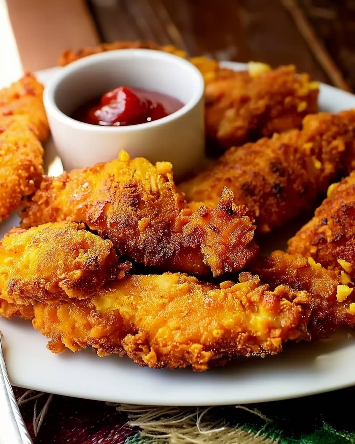 Assiette garnie de tenders au Air Fryer croustillants et dorés.