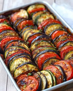 Tian de légumes au Air Fryer : tranches de courgettes, tomates et aubergines.