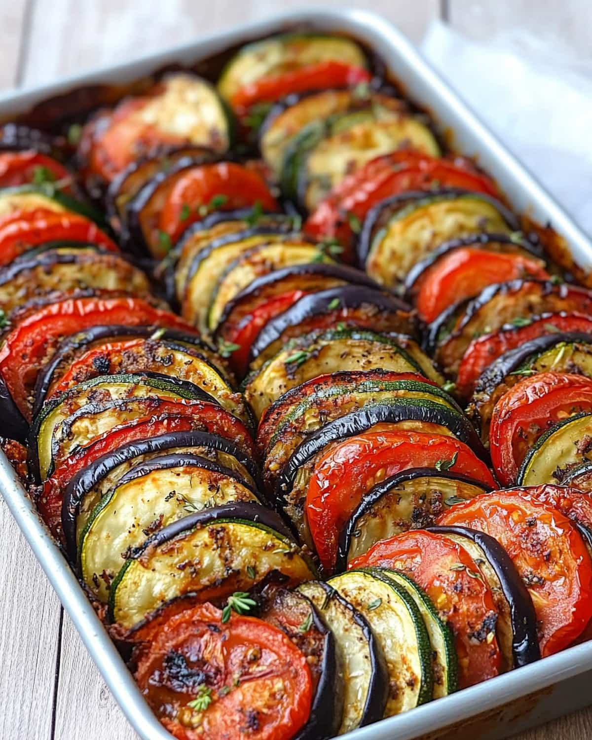 Tian de légumes au Air Fryer : tranches de courgettes, tomates et aubergines.