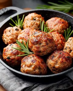 Boulettes de viande au Airfryer bien dorées, parsemées d’herbes fraîches.