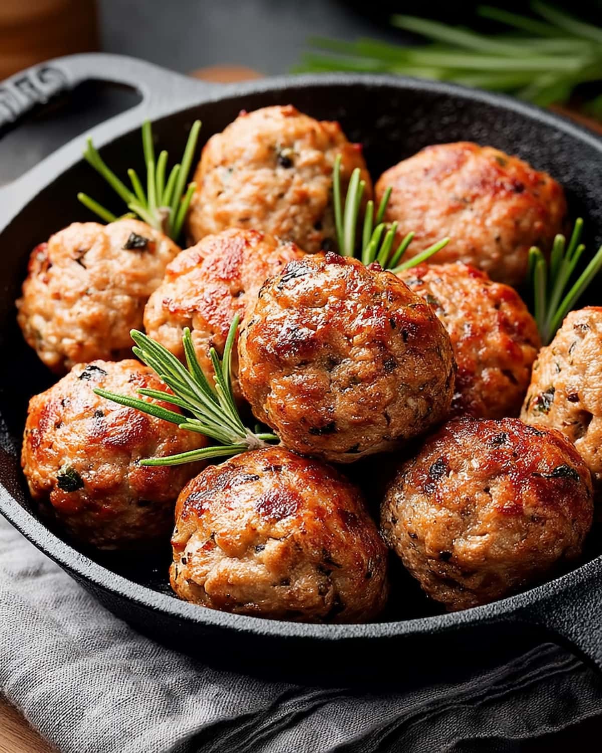 Boulettes de viande au Airfryer bien dorées, parsemées d’herbes fraîches.