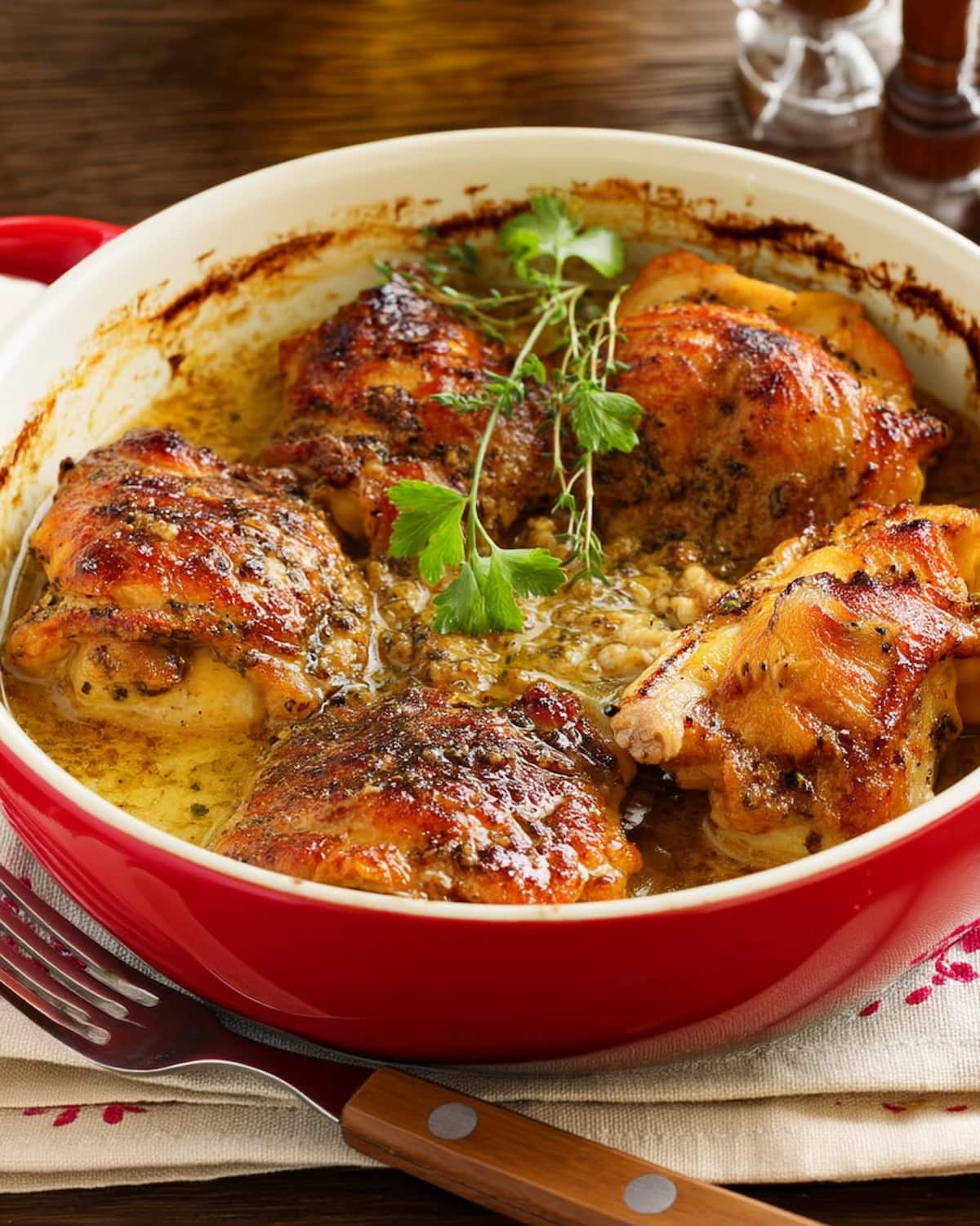 Plat avec des cuisses de lapin à la moutarde au Air Fryer, nappées d’une sauce crémeuse dorée et parsemées d’herbes fraîches.