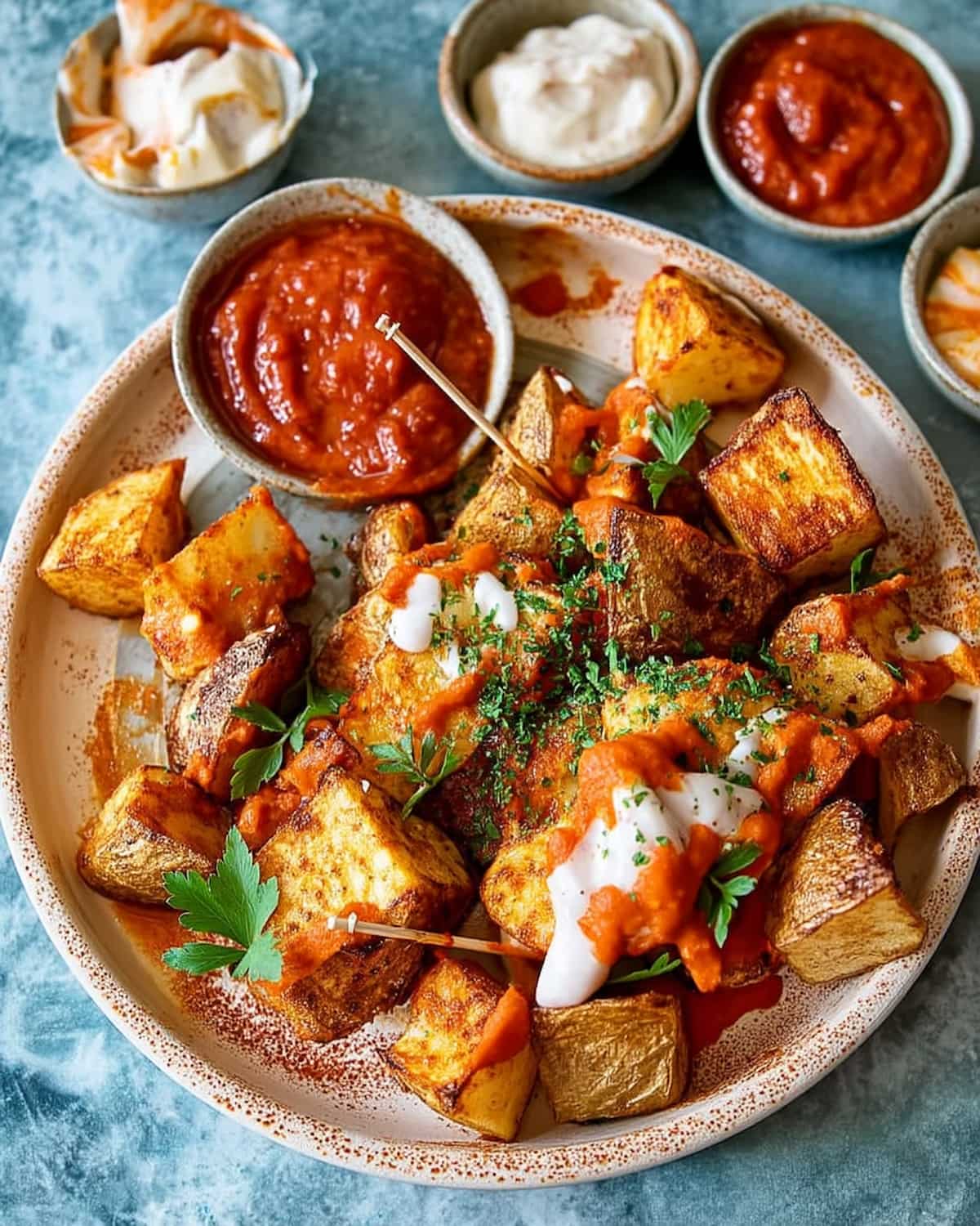 Assiette de patatas bravas au Air Fryer, dorées et croustillantes, nappées de sauce tomate épicée et d’un filet de crème blanche, avec persil frais.