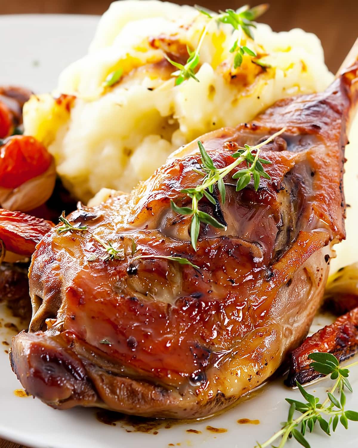 Des cuisses de canard au Airfryer dorées et croustillantes, servies avec une purée onctueuse et des herbes fraîches en garniture.