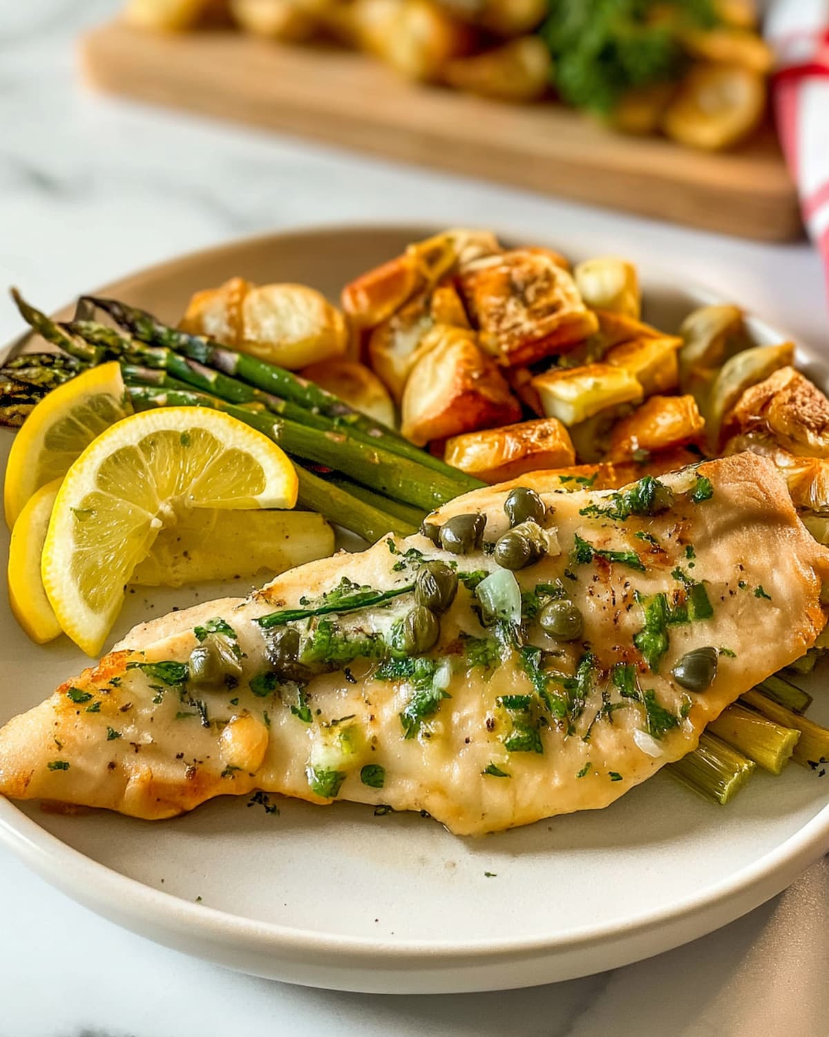 Assiette d'escalope de dinde au Air Fryer garnie de câpres et persil.