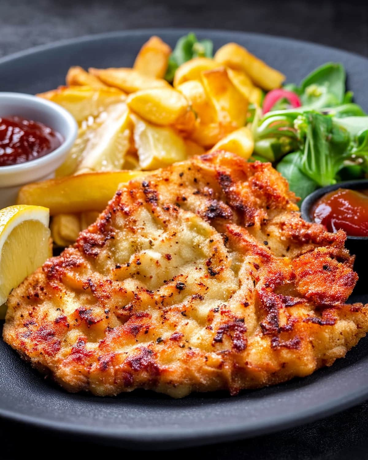 Assiette d'escalope milanaise au Air Fryer dorée et croustillante, servie avec des frites, citron, salade verte et sauces.