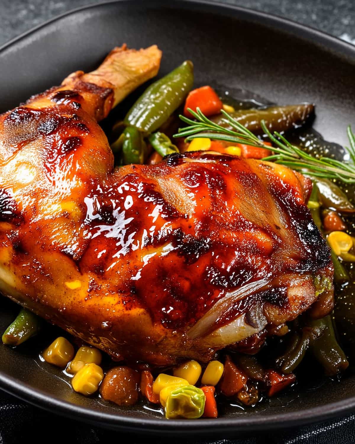 Cuisse de dinde au Air Fryer avec miel. La peau est dorée et brillante.