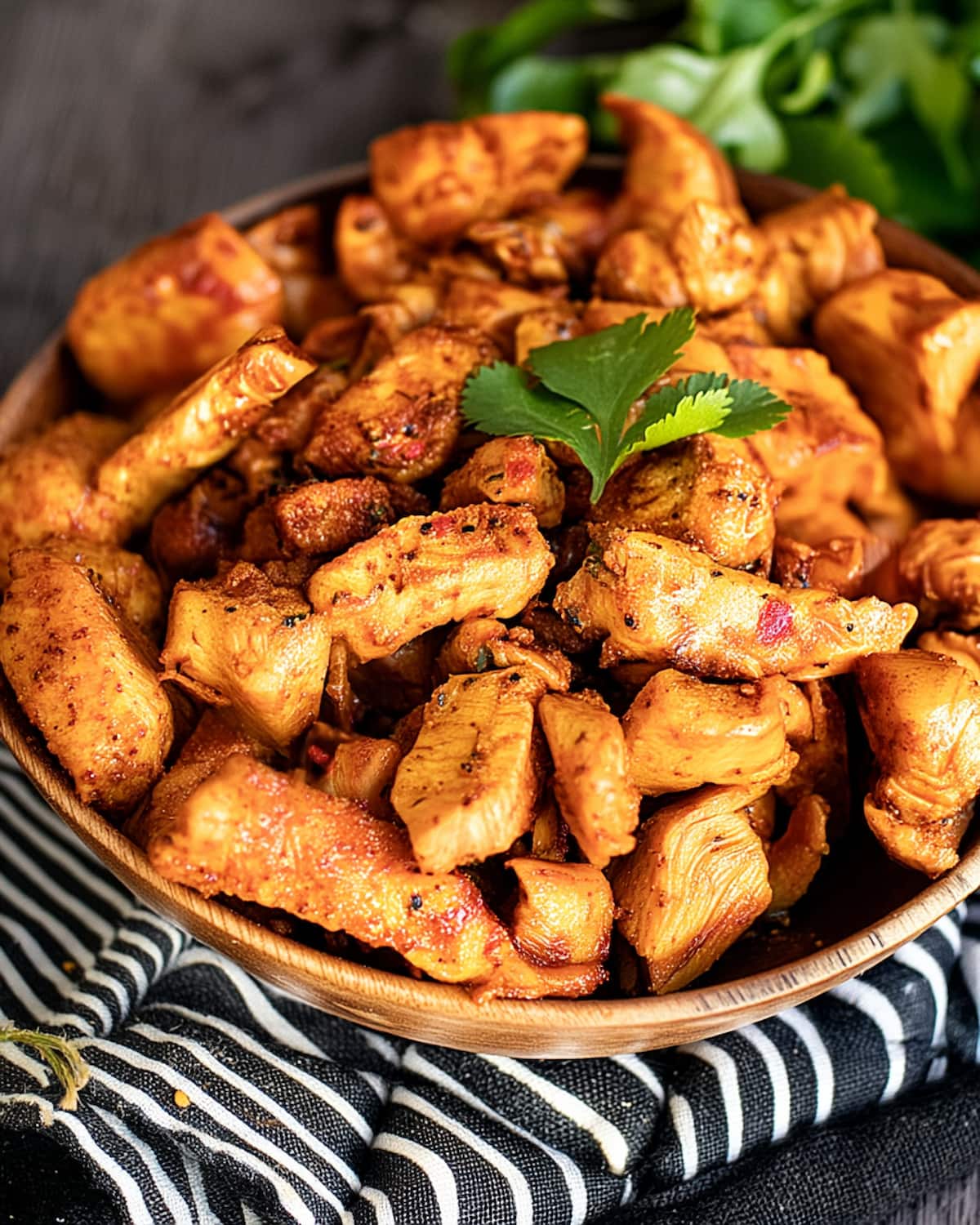 Emincés de poulet au Airfryer. Les morceaux sont bien dorés.