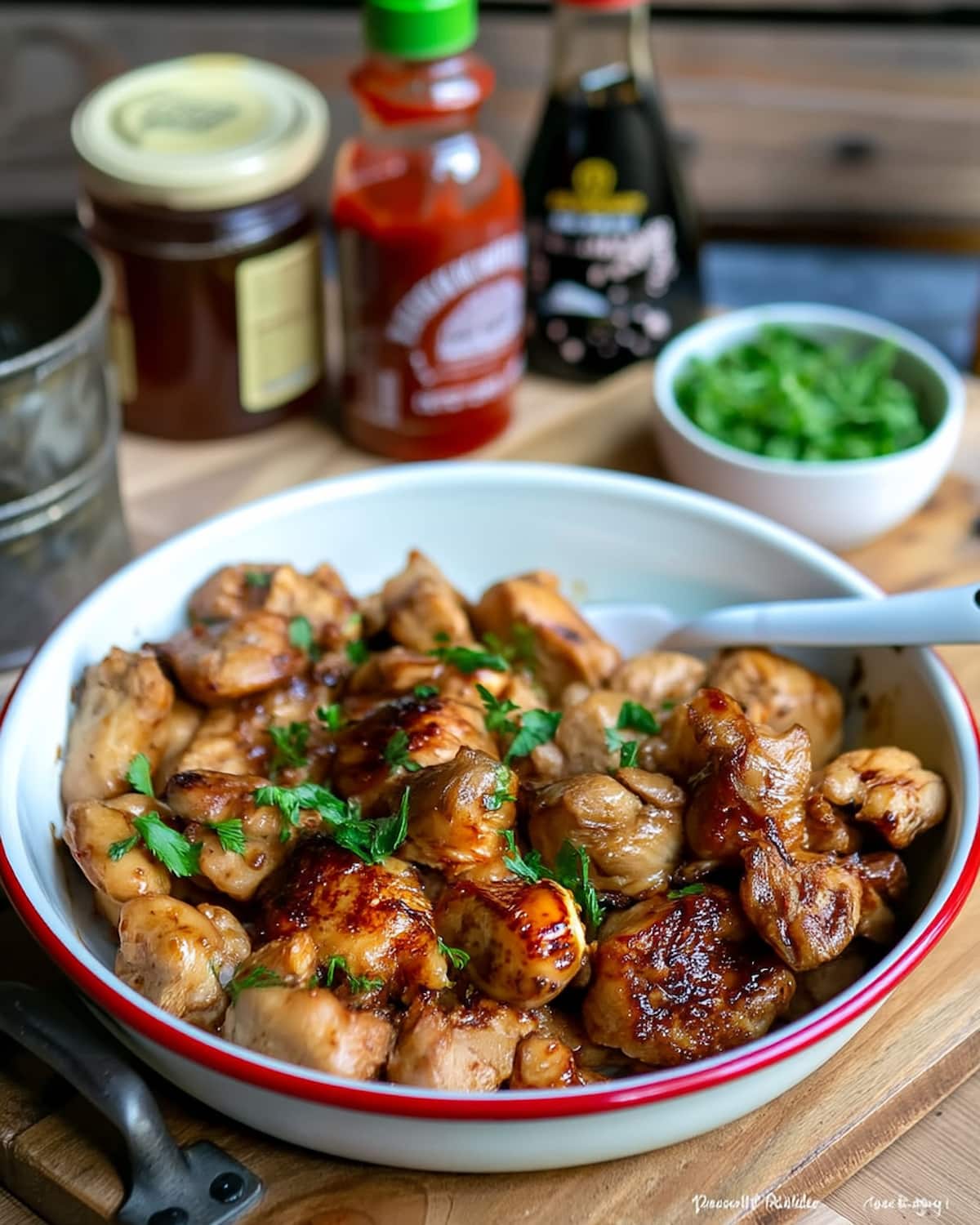 Emincés de poulet au miel au Airfryer. Les morceaux sont caramélisés, nappés d’une sauce brillante.