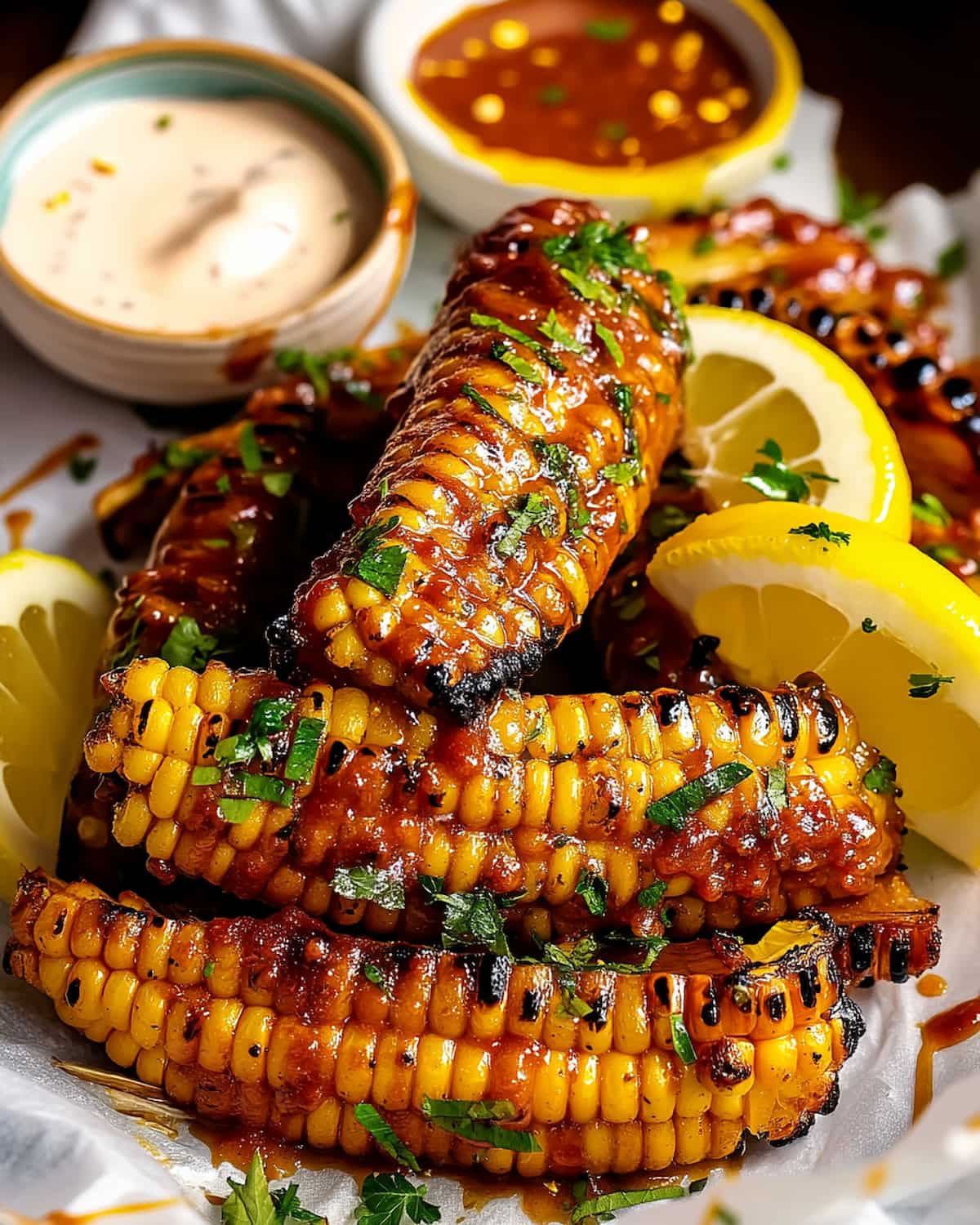Epis de maïs au Air Fryer, dorés et nappés de sauce.