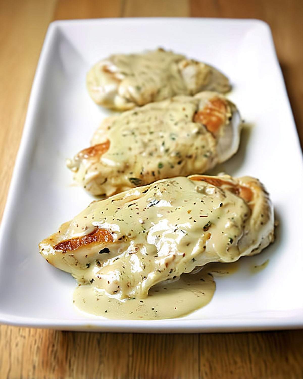 Assiette avec escalope de dinde à la moutarde au Air Fryer, dorée nappée d'une sauce crémeuse à la moutarde.
