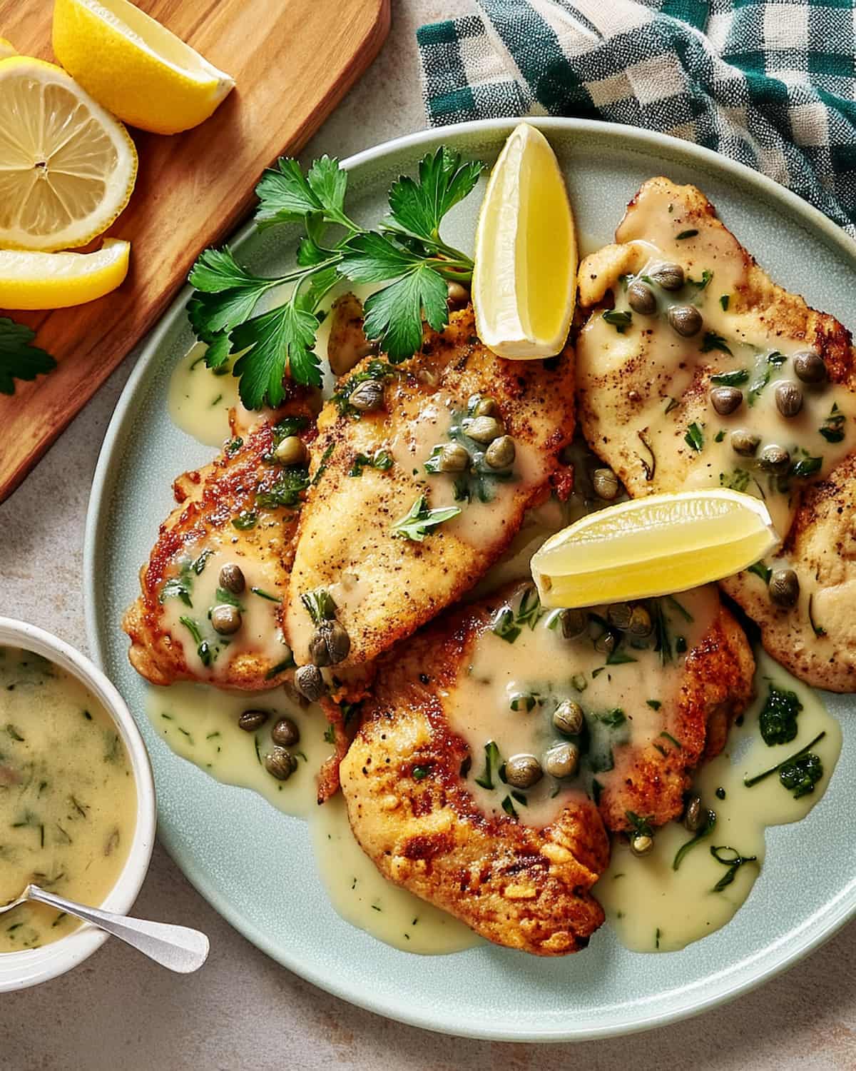Escalope de poulet au citron au Airfryer, nappée d'une sauce citronnée aux câpres.