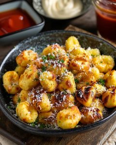 Gnocchi au Air Fryer, dorés à souhait, saupoudrés de parmesan râpé.