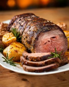 Rôti de bœuf au Air Fryer tranché, cuisson rosée au centre.
