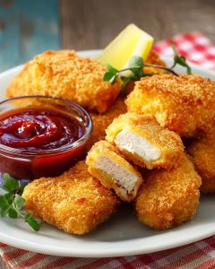 Nugget au air fryer croustillants servis avec une sauce rouge sucrée-piquante et des quartiers de citron sur le côté.