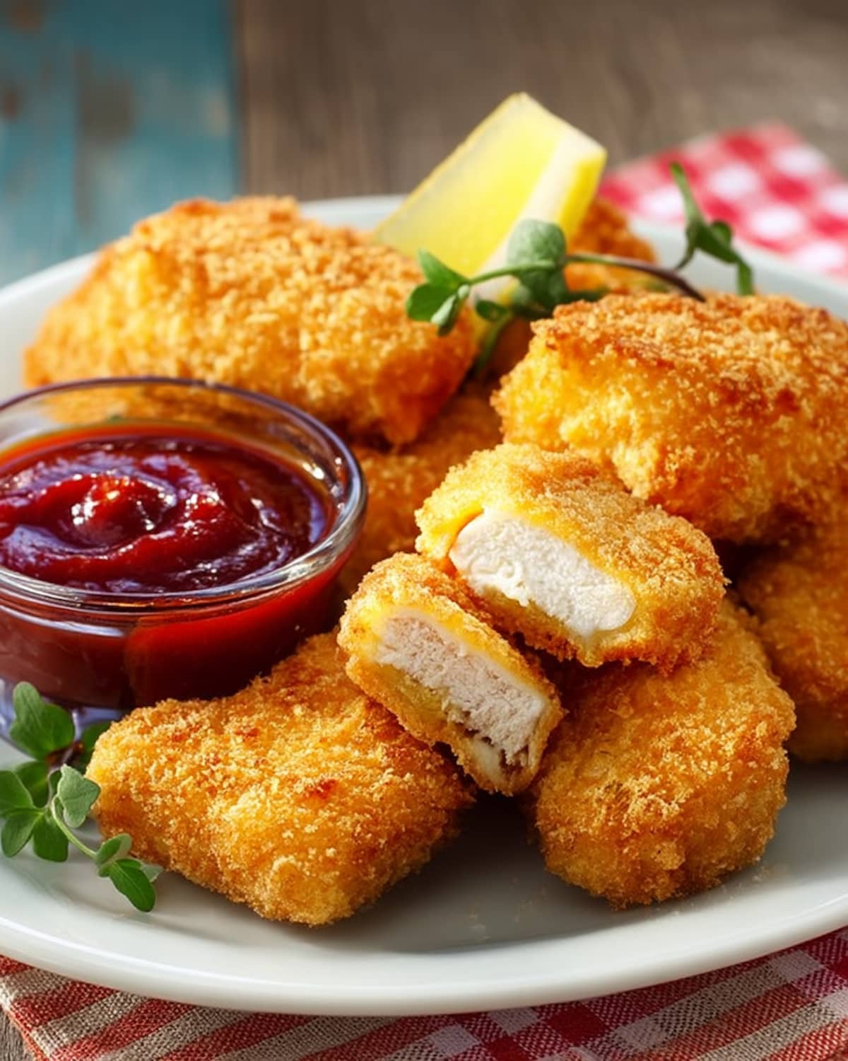 Nugget au air fryer croustillants servis avec une sauce rouge sucrée-piquante et des quartiers de citron sur le côté.