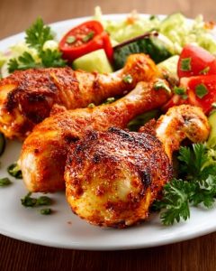 Pilon de poulet au air fryer, doré et épicé, servi avec une salade fraîche de tomates, concombres et herbes.