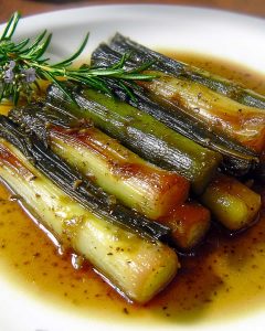 Assiette de poireaux au Airfryer nappés d’une sauce dorée aux herbes.
