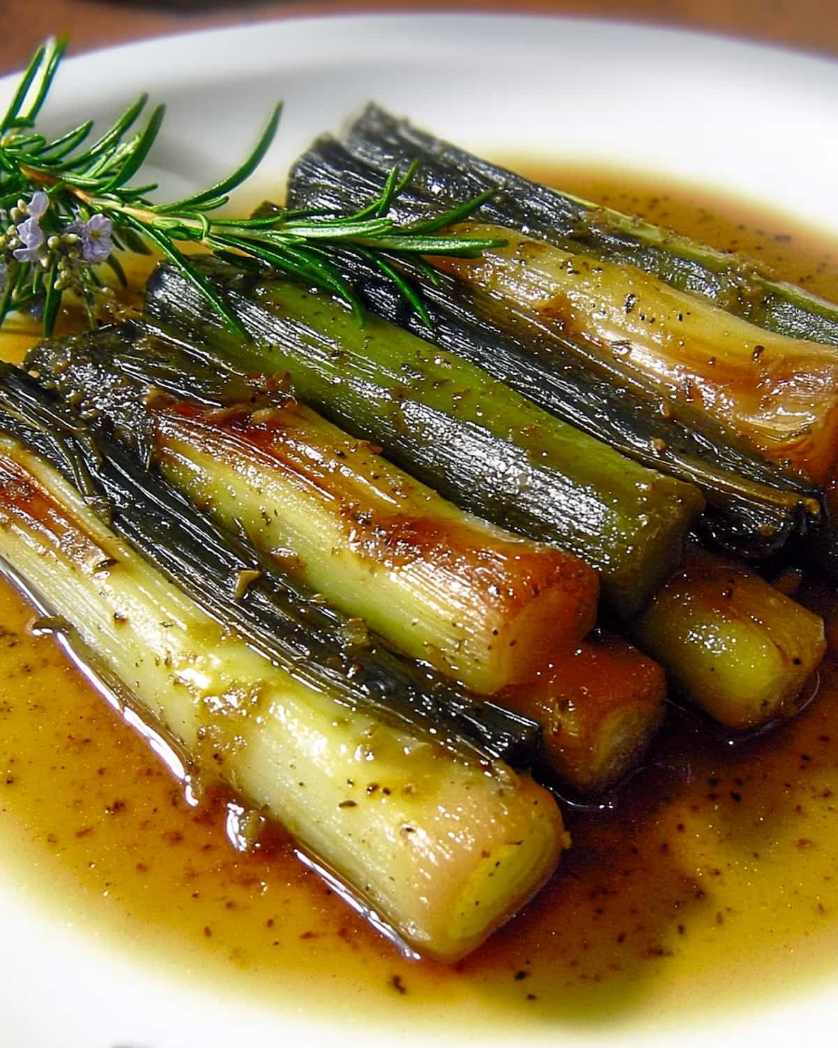 Assiette de poireaux au Airfryer nappés d’une sauce dorée aux herbes.