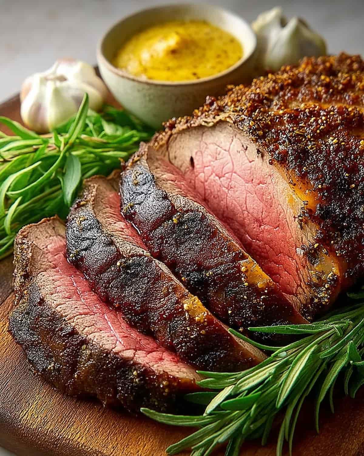 Rosbif au air fryer, juteuses et rosées, avec croûte dorée et herbes fraîches.