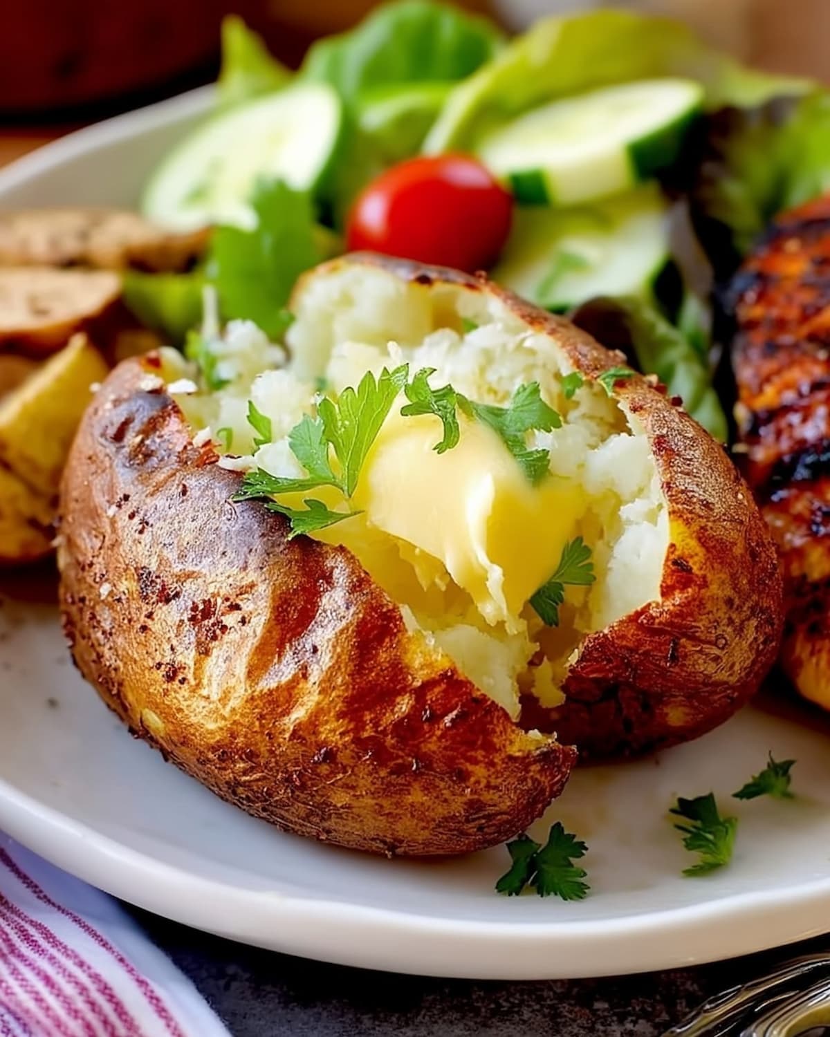 Pomme de terre entière au Airfryer, croustillante à l'extérieur, moelleuse à l'intérieur.