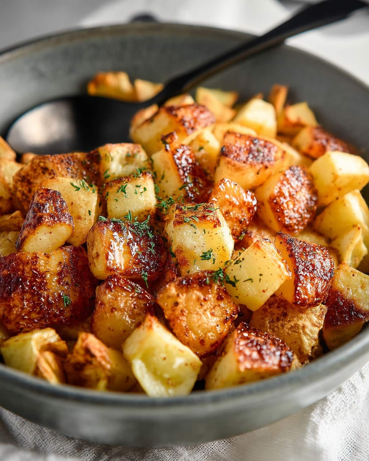 Bol de pomme de terre rissolées surgelées au Airfryer, dorées et croustillantes.