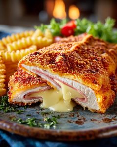 Cordon bleu surgelé au Airfryer, croustillant à l’extérieur, cœur fondant de fromage et jambon.