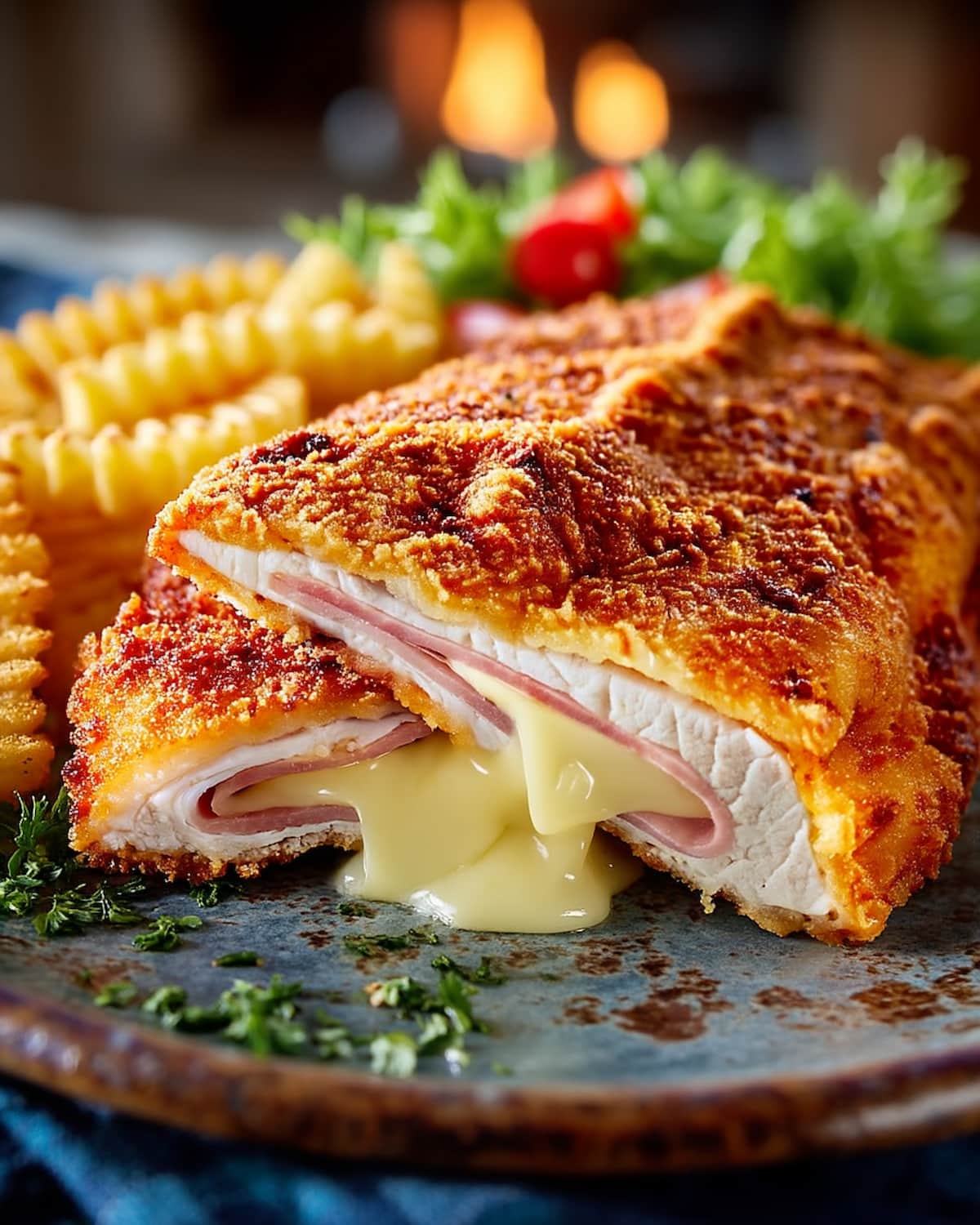 Cordon bleu surgelé au Airfryer, croustillant à l’extérieur, cœur fondant de fromage et jambon.