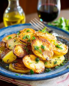 Assiette de pomme de terre sarladaise au Air Fryer, dorées et fondantes.