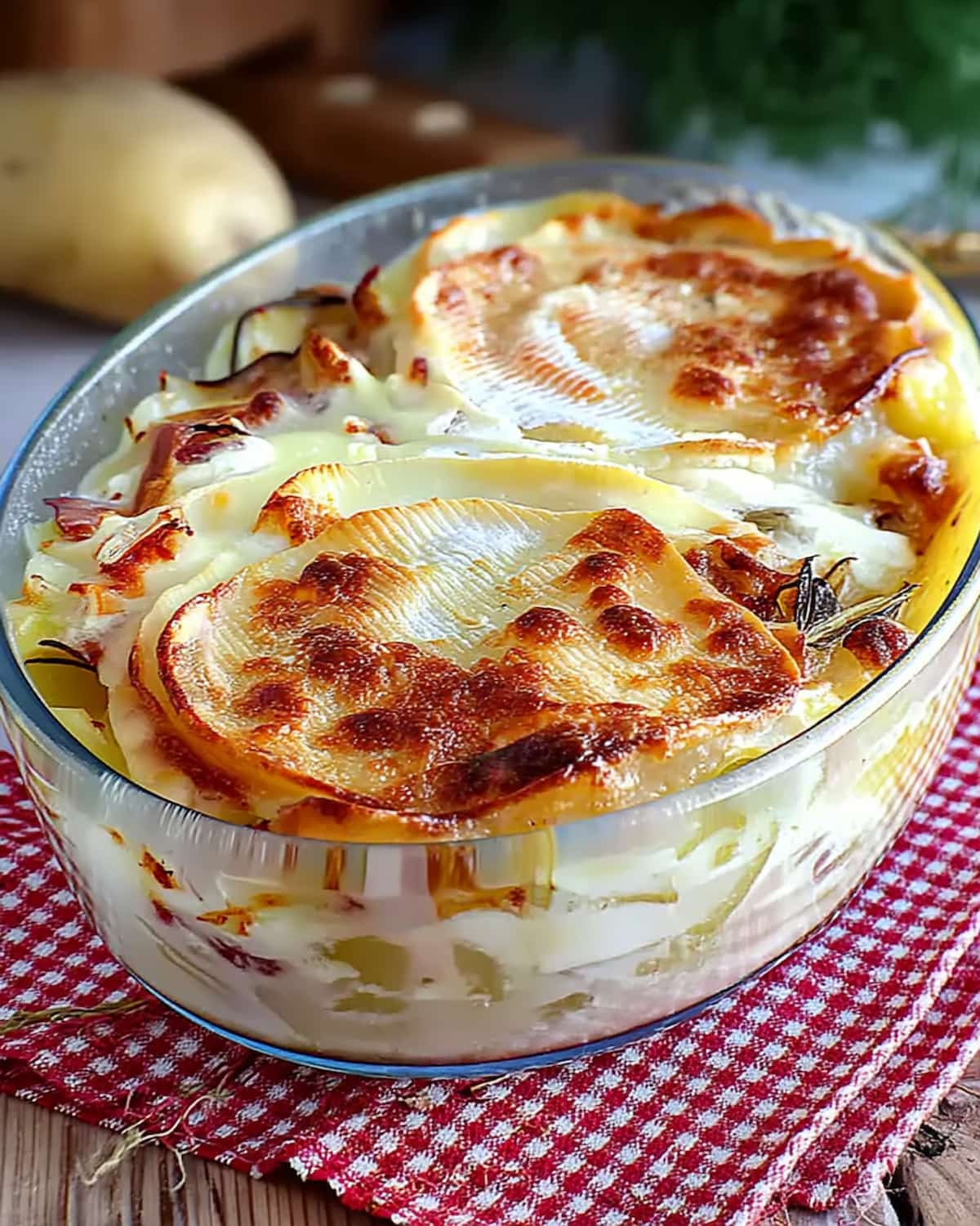 Tartiflette au Air Fryer servie dans un plat gratiné