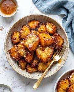 Ananas au airfryer miel-cannelle doré et caramélisé, servi tiède en morceaux, bords brunis et cœur juteux