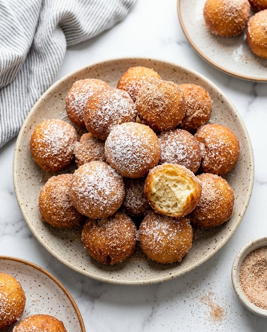 Beignets à l’air fryer moelleux, dorés et roulés au sucre-cannelle, servis en bouchées sur une assiette