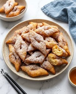 Bûgnes air fryer dorées et moelleuses, saupoudrées de sucre glace, gros plan sur la croûte fine et le cœur tendre