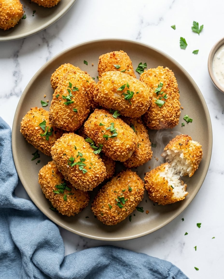 Croquettes de riz airfryer ultra croustillantes, dorées et servies en bouchées avec un cœur fondant