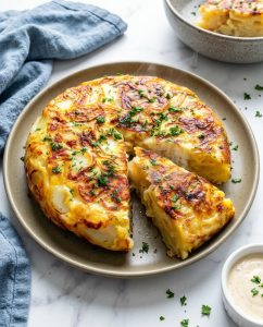 Tortilla airfryer fondante et dorée, coupée en parts, avec croûte croustillante et cœur moelleux