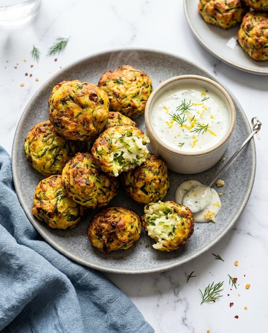 Boulettes courgette airfryer croustillantes avec sauce yaourt citron, dorées et servies en assiette