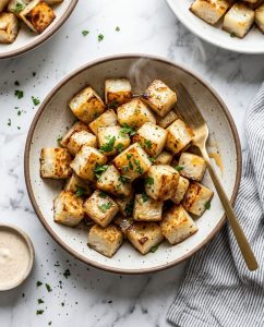 Céleri-rave rôti au airfryer en cubes dorés et croustillants, servi en accompagnement avec herbes et paprika