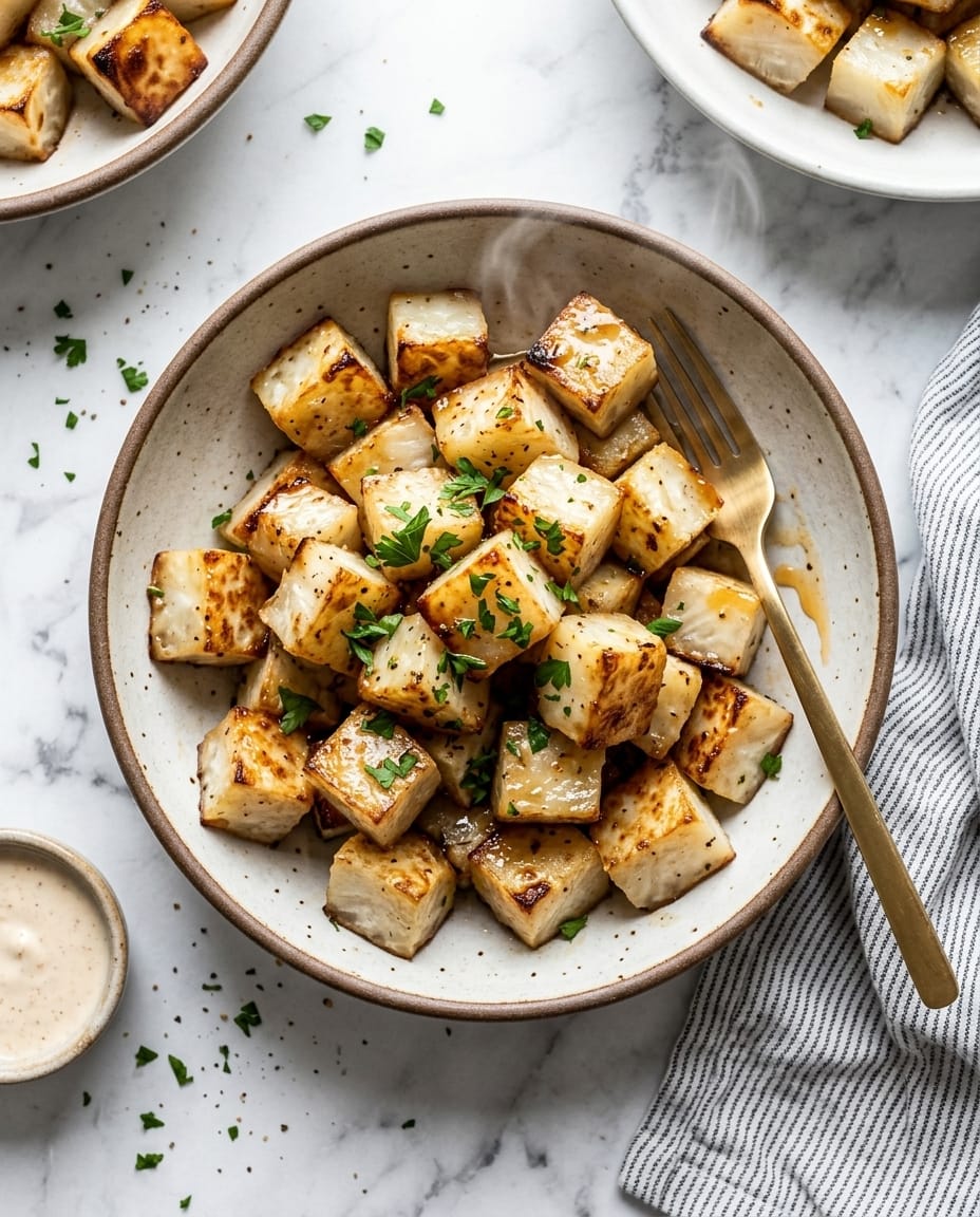 Céleri-rave rôti au airfryer en cubes dorés et croustillants, servi en accompagnement avec herbes et paprika