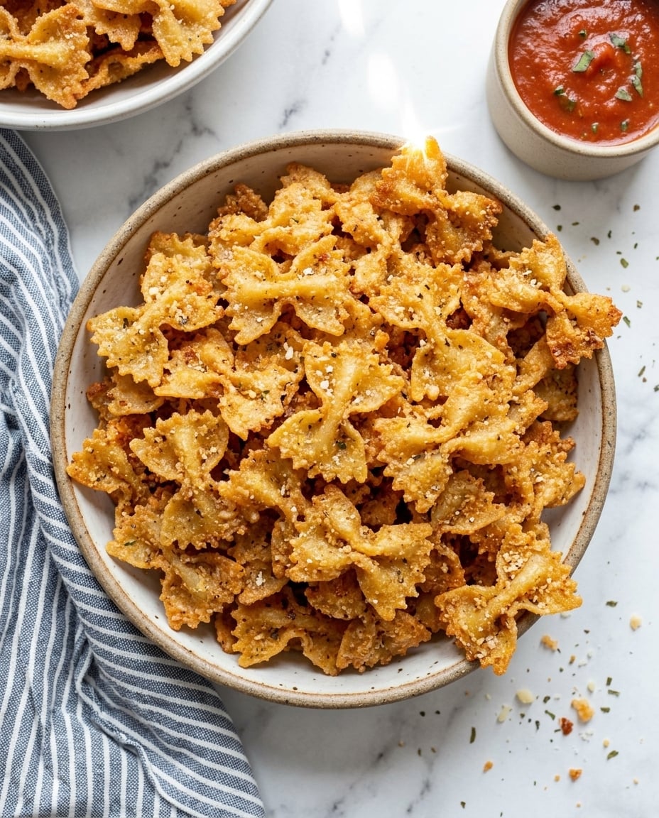 Bol de chips de pâtes à l’airfryer croustillantes au parmesan, bien dorées, prêtes pour l’apéro