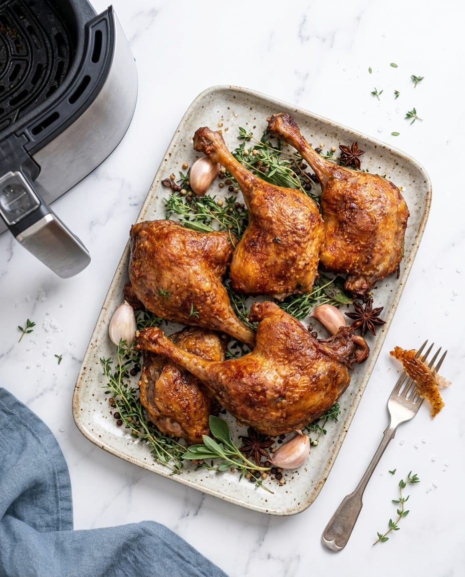 Confit de canard air fryer avec peau croustillante et chair fondante, servi tout juste sorti du panier, dore a 200°C
