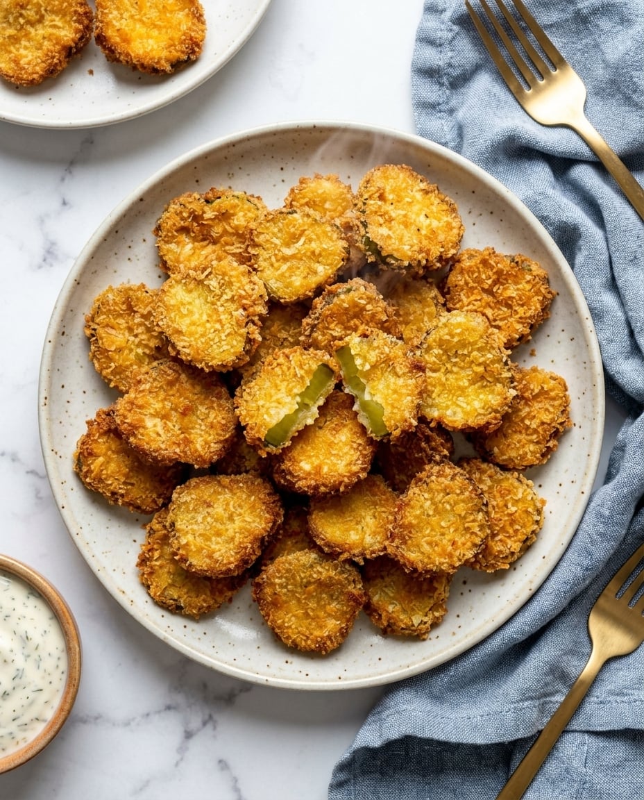Cornichons frits air fryer faciles, dorés et ultra croustillants, servis avec sauce crémeuse à l’aneth