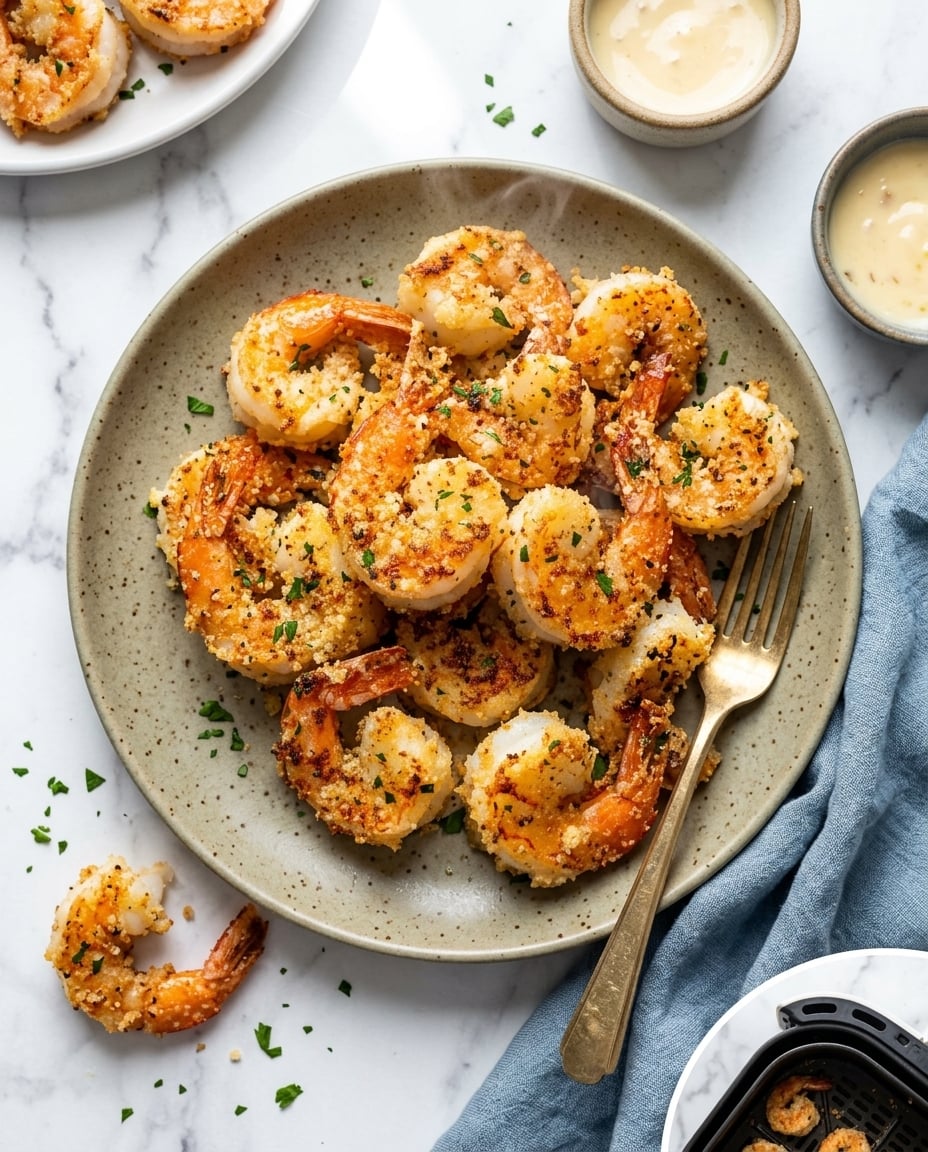 Crevettes ail parmesan airfryer dorées et croustillantes, servies avec quartiers de citron et persil frais